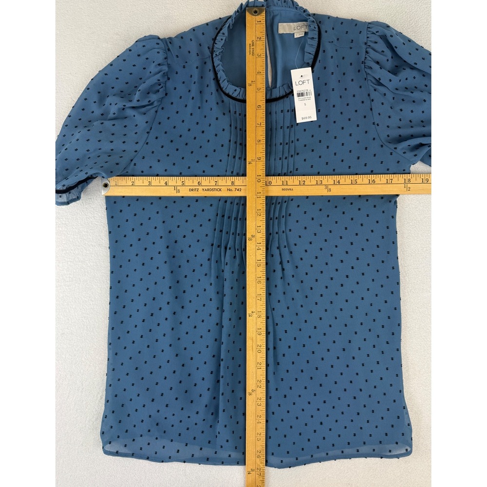LOFT Blouse Womens Small Blue Clip Dot Pintuck Puff Sleeve Velvet Trim 593082 - Picture 6 of 11